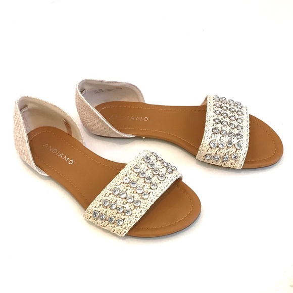 ANDIAMO Sandals Slip On Flats Rhinestone Cream Acaine Women’s Size 7 - Picture 1 of 15